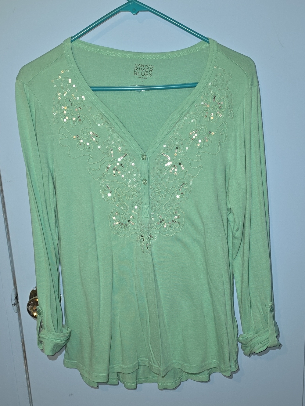 Canyon River Blues Mint Green Sequin Embellished Long Sleeve Top